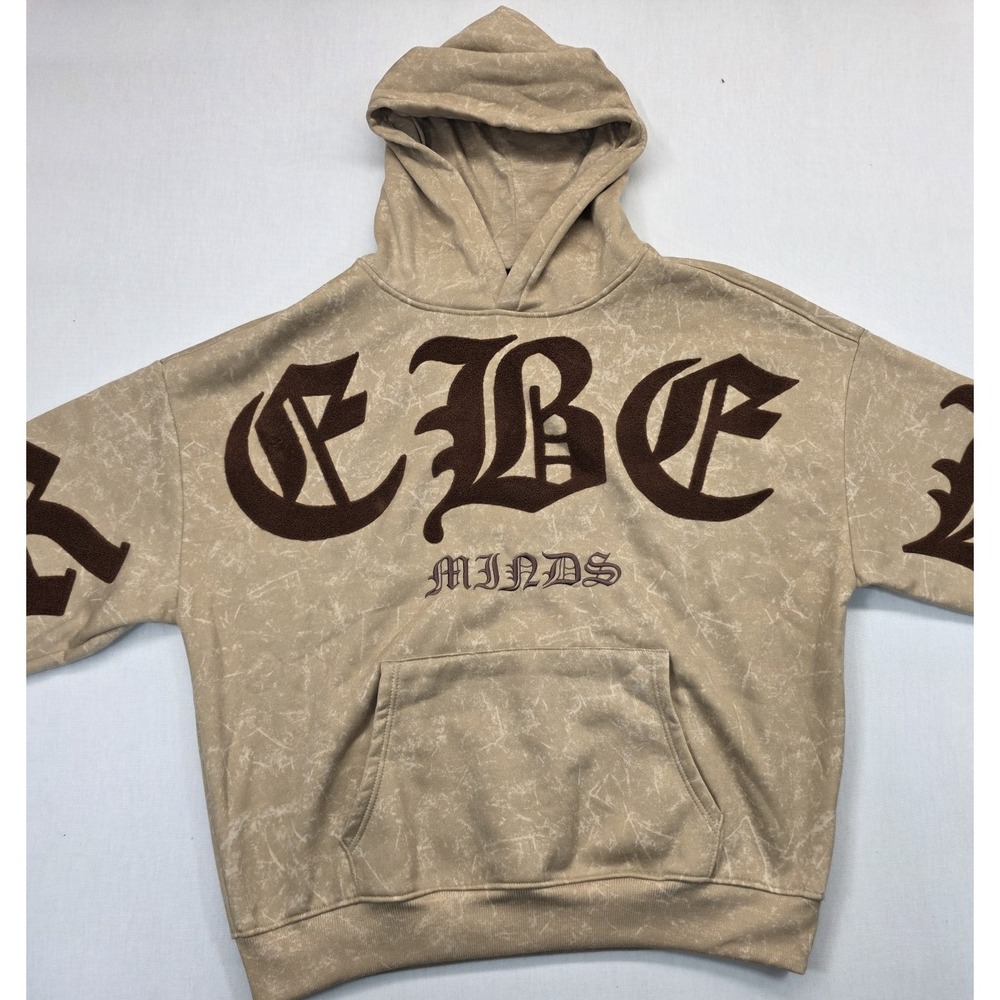 Rebel Minds Men's XL Hoodie Beige Marbled Wash Gothic Lettering Streetwear Pullo
